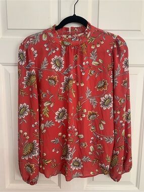 LOFT Coral Floral Long-Sleeve Autumnal Blouse Size S Business Casual